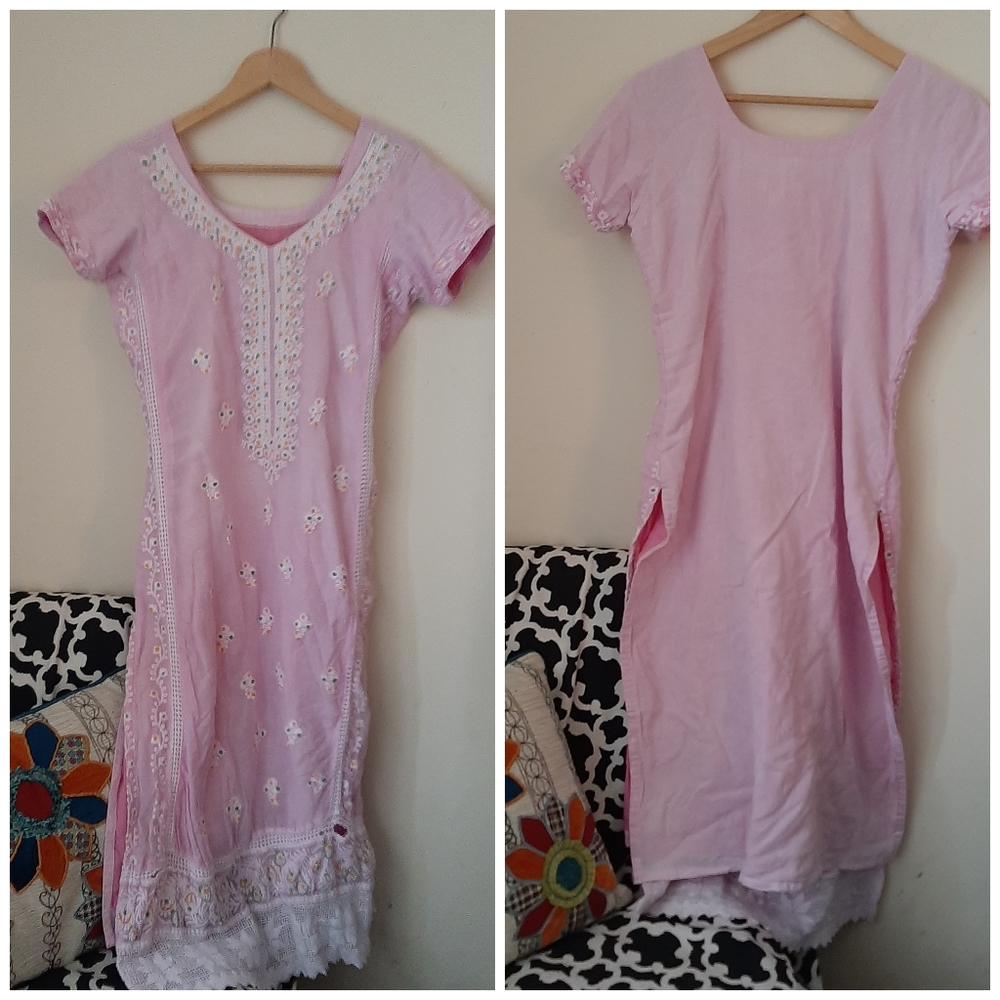 Pink Embroidered Handmade Tunic Dress Indian Boho - Picture 4 of 8